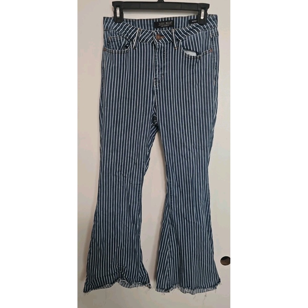 Judy Blue Striped Super Flare Jeans Womens Size 9/29 Denim Boho Blue White 1K